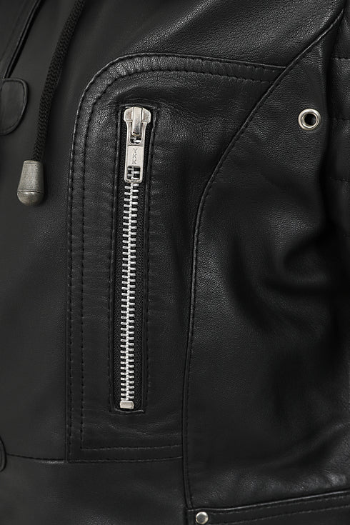 Women's black nappa leather jacket with detachable fur hood and drawstring, LLD Original, 28-inch length