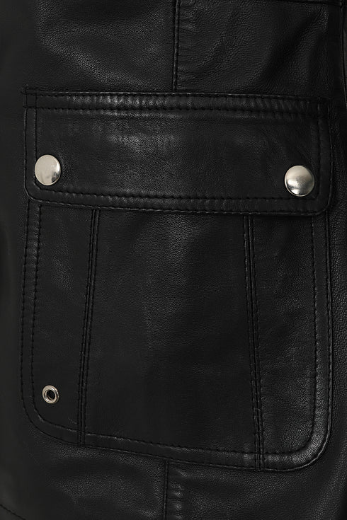 Women's Black Nappa Leather Jacket with Detachable Fur Hood - AMY