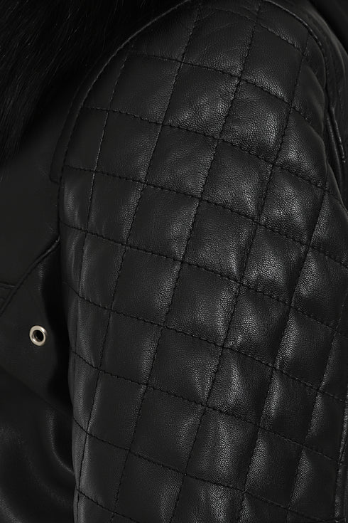 Women's Black Nappa Leather Jacket with Detachable Fur Hood - AMY