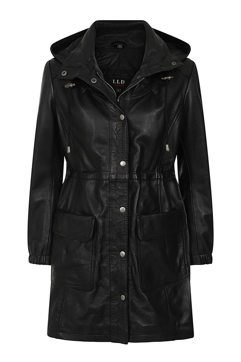 Women's ¾ length black leather duffle coat with detachable fur hood and drawstring from LLD Original