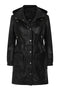 Women's ¾ length black leather duffle coat with detachable fur hood and drawstring from LLD Original