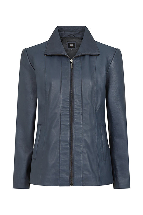 DEBBIE classic navy blue nappa leather jacket for women with collar, 25-inch length, available in sizes 8, 10, and 12.
