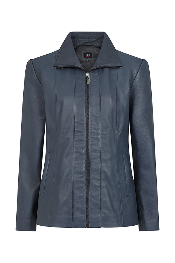 DEBBIE classic navy blue nappa leather jacket for women with collar, 25-inch length, available in sizes 8, 10, and 12.