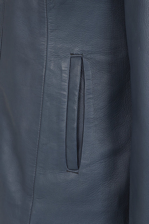 Classic navy blue nappa leather jacket for women by LLD Original, featuring a collar and 25-inch length.