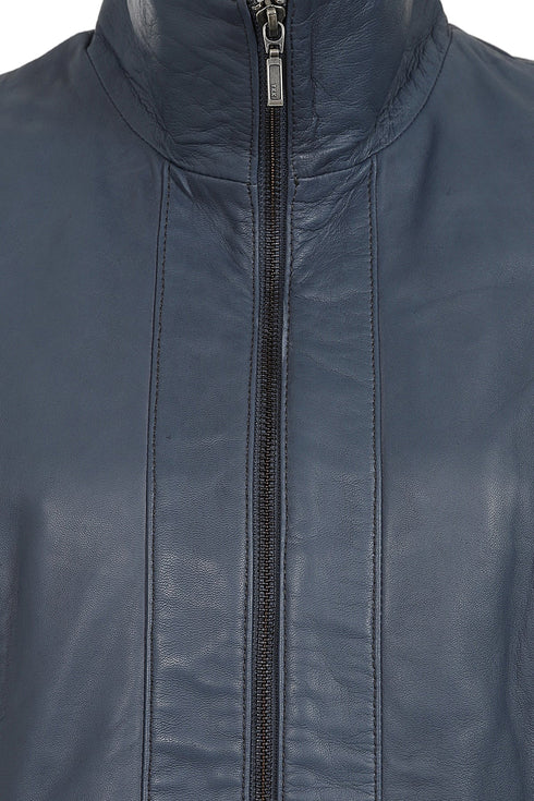 Navy blue nappa leather jacket for women with classic style and collar by LLD Original, 25-inch length.