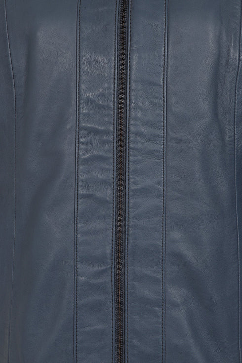 Navy blue nappa leather jacket with collar, 25-inch length, classic style by LLD Original for women