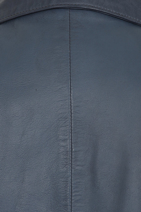 Navy blue nappa leather women's jacket by LLD Original, classic style with collar, available in sizes 8, 10, 12.