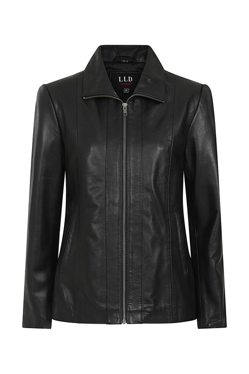 DEBBIE classic black nappa leather jacket for women with YKK zip and collar, available in sizes 8, 10, 12