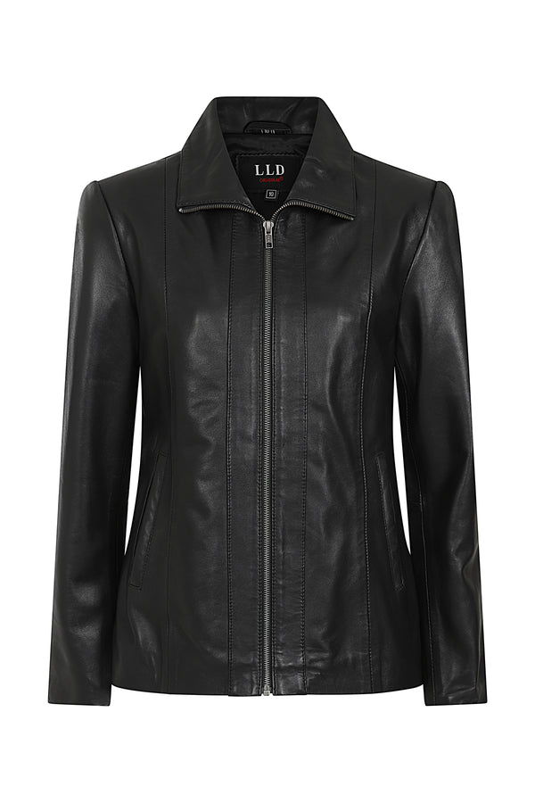 DEBBIE classic black nappa leather jacket for women with YKK zip and collar, available in sizes 8, 10, 12