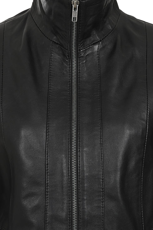 DEBBIE black nappa leather jacket with YKK zip and classic collar design for women