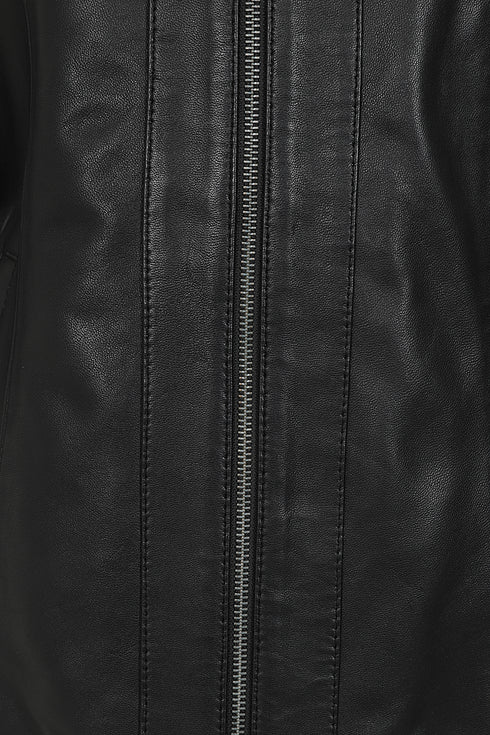 Classic black nappa leather jacket for women with YKK zip and collar by LLD Original