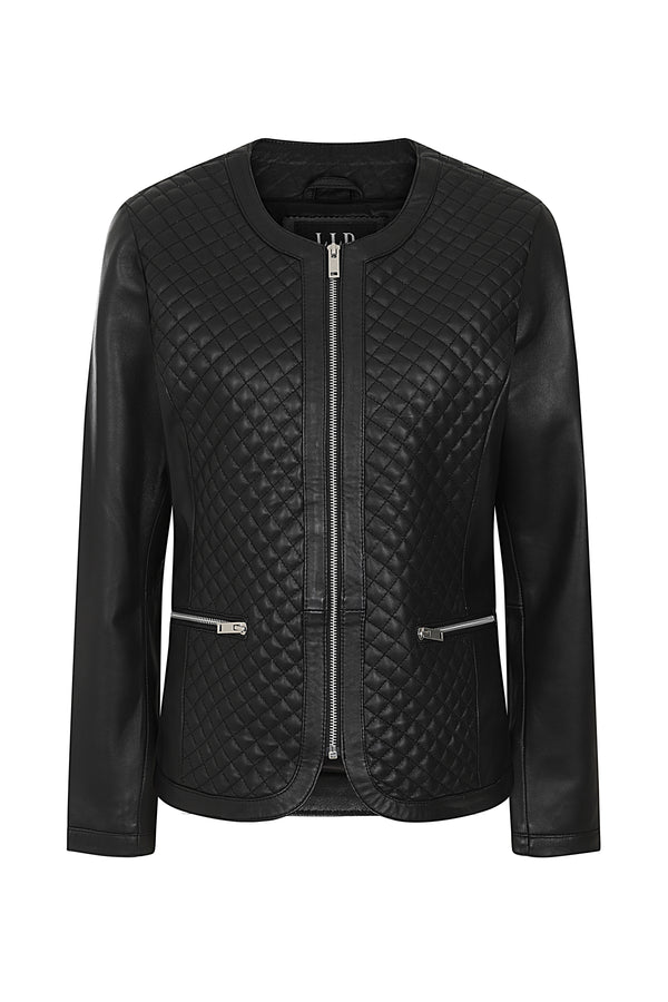 Black quilted collarless leather jacket in soft lamb nappa by LLD Original