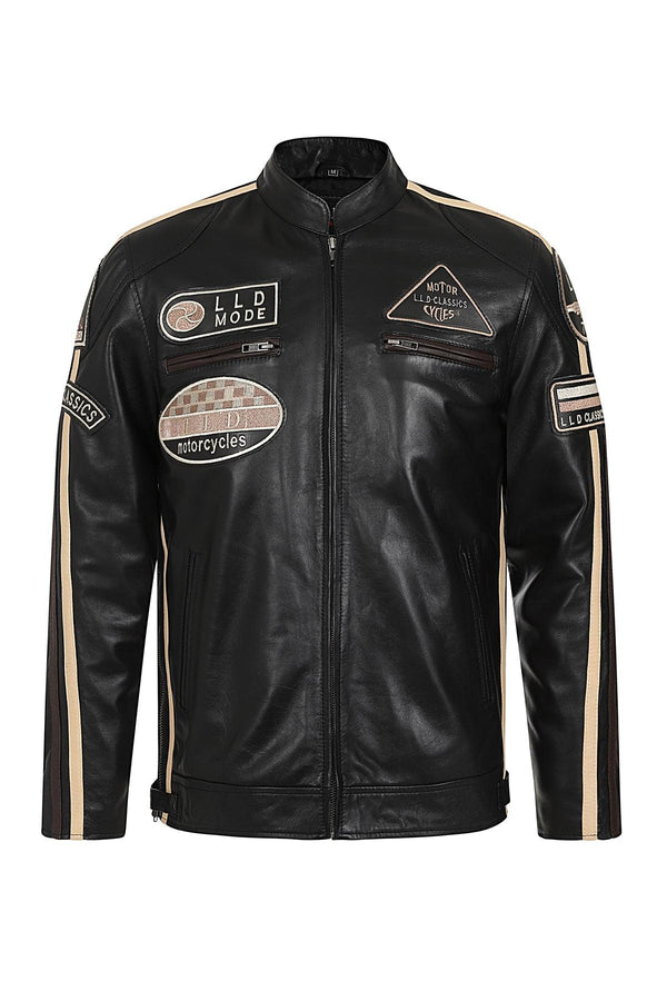 Classic Biker Style with Cream Racing Stripes on Shoulders and Sleeves leather jacket Made from soft Nappa 100% Leather with Polyester Lining Length approx. 27” (68cm) ½’ (1cm) per size 7 BADGES 2 TOP ZIP POCKETS 2 LOWER POCKETS 3 INSIDE POCKETS (ONE ZIP – ONE FOR PHONE) SIDE ZIPS AND STUD FASTENING TO TIGHTEN STRIPE DETAIL ON SHOULDERS AND SLEEVES BLACK QUILTED LINING SIZES: S to 5XL (Extra for 3XL Plus)