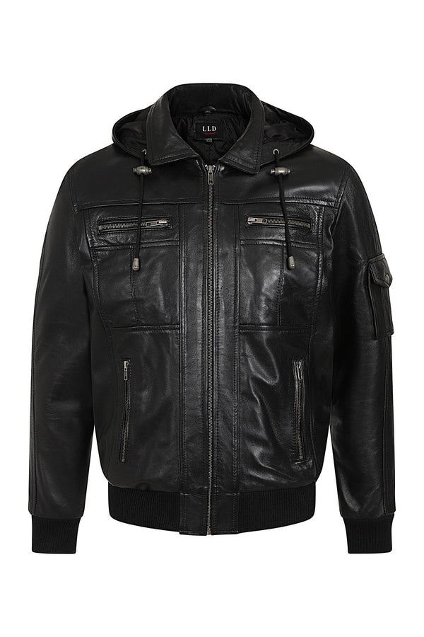 Men's Leather Bomber Style Jacket with a Detachable Hood - DANNY - London Leathers Direct