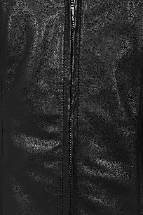Black genuine Nappa leather jacket with V-neck and zip-up front by LLD Original