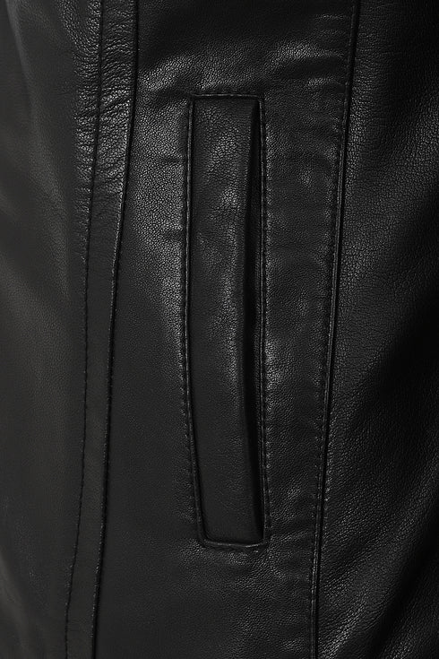 Black V-neck zip-up jacket made of genuine Nappa leather for women by LLD Original, showcasing a classic design.