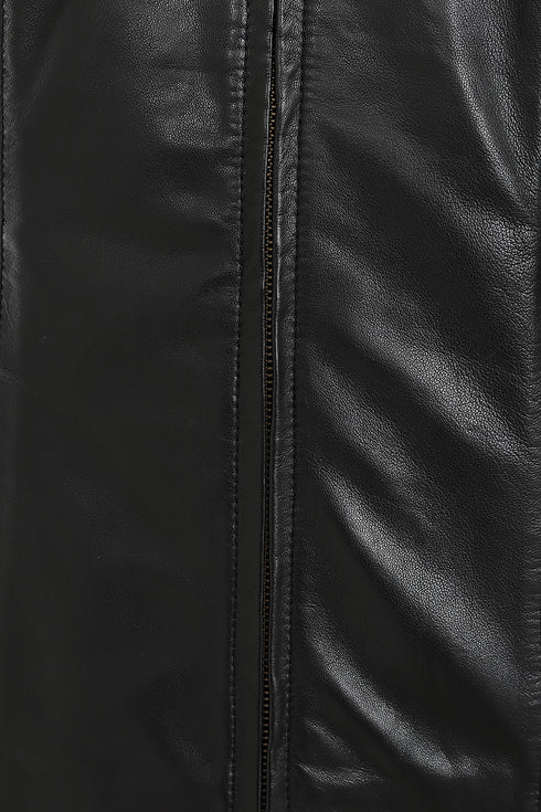 Black genuine nappa leather jacket with V-neck and zip-up design by LLD Original