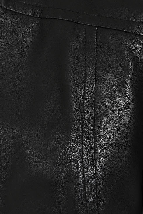 LLD Original black genuine nappa leather jacket, V-neck zip-up style, classic fit, available in sizes 10, 12, 14.