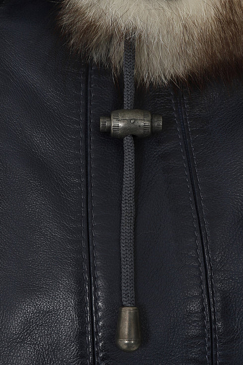 Navy blue leather hip length coat with detachable fur hood and drawstring by LLD Original.