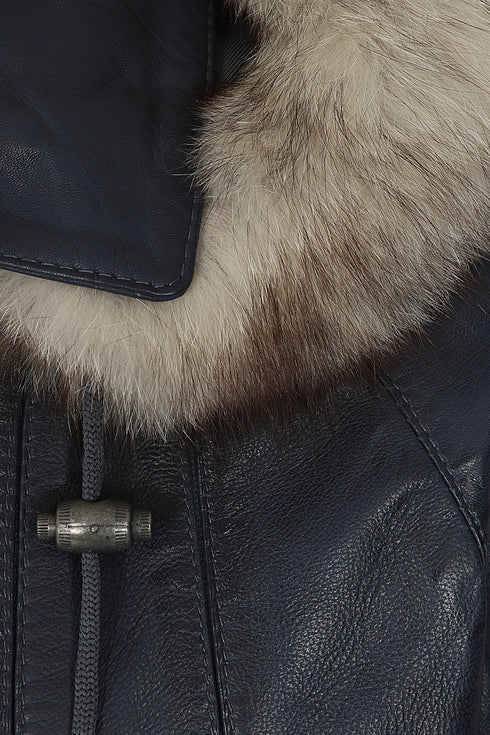 Women's Navy Blue Nappa Leather Hip Length Coat - Fur Trimmed Hood CARLA