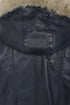Navy blue leather hip length coat with detachable fur-trimmed hood and drawstring details by LLD Original