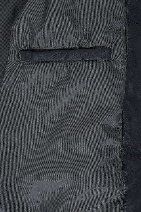 Navy blue leather hip-length coat with detachable fur hood and drawstring detail by LLD Original