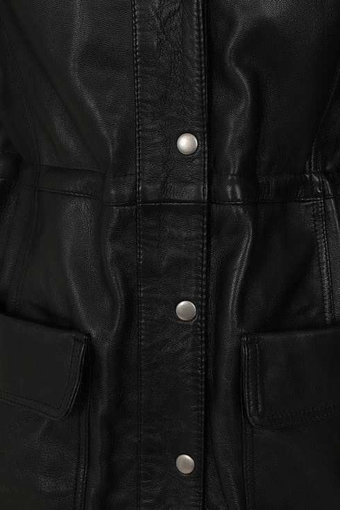 Women's Black Leather Duffle Coat 3/4 Length Hooded - BECKY