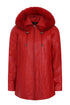 Red leather hip-length coat with detachable fur-trimmed hood and drawstring, by LLD Original