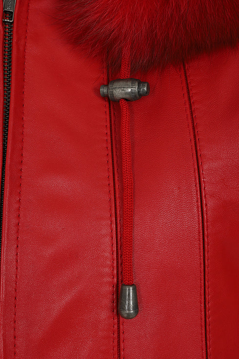 Women's red leather hip length coat with detachable fur-trimmed hood and drawstring from LLD Original