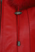 Women's red leather hip length coat with detachable fur-trimmed hood and drawstring from LLD Original