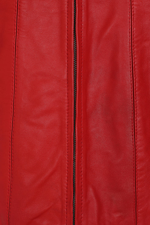 Women's Red Nappa Leather Coat with Detachable Fur Hood - CARLA