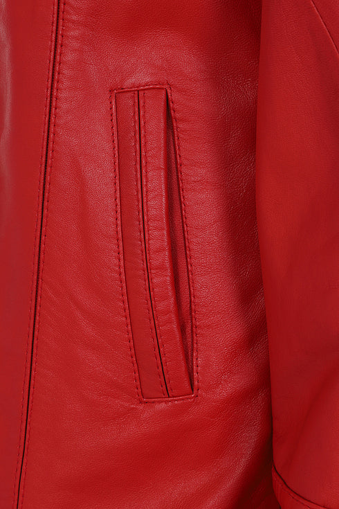 Red leather hip length coat with detachable fur-trimmed hood and drawstring by LLD Original
