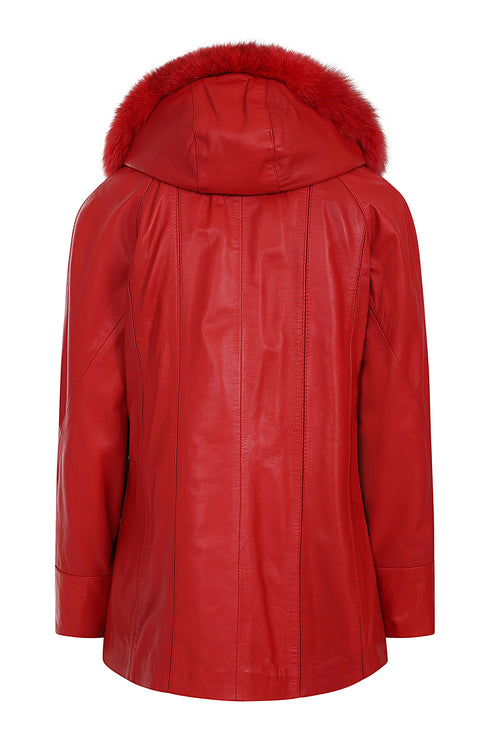 Red leather hip length coat with fur trimmed detachable hood and drawstring by LLD Original