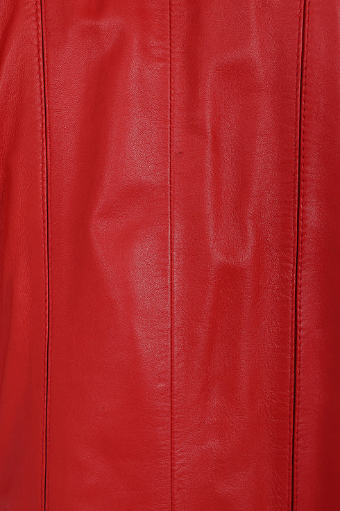 Women's Red Nappa Leather Coat with Detachable Fur Hood - CARLA
