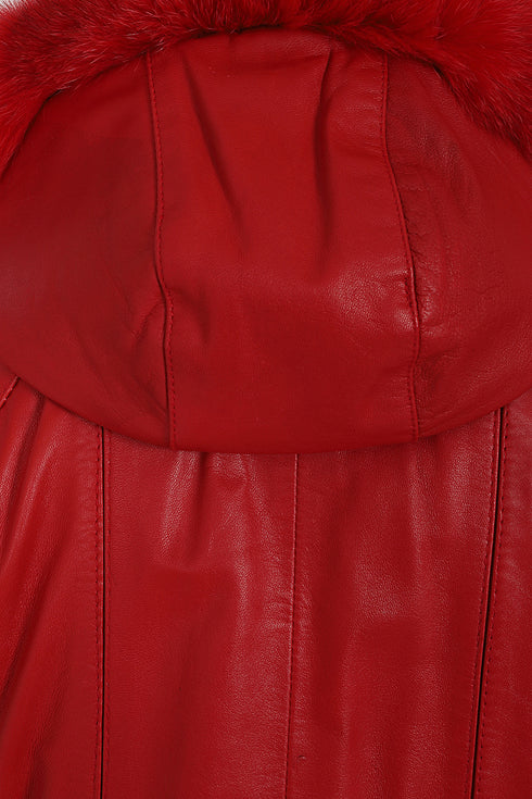 Red leather hip-length coat with detachable fur-trimmed hood and drawstring, by LLD Original