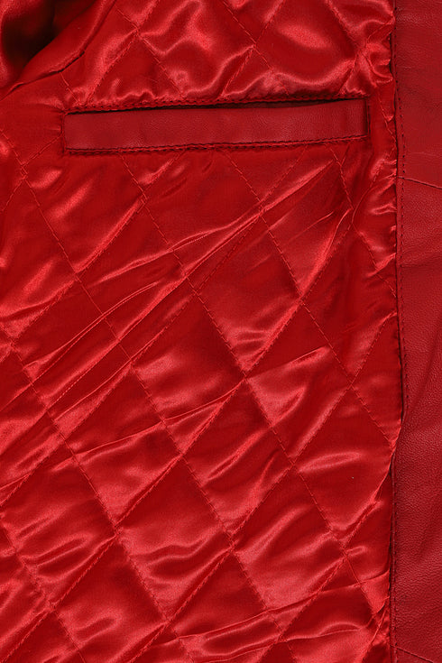 Red leather hip length coat with detachable fur hood, drawstring detail, by LLD Original. Available in sizes 8, 10, 12.