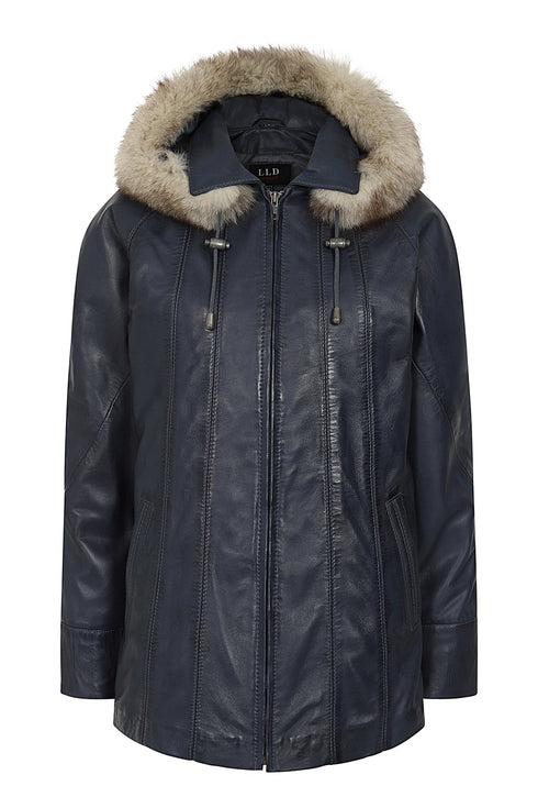 Navy blue leather hip-length coat with detachable fur hood and drawstring by LLD Original