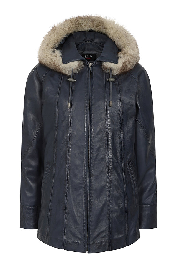 Navy blue leather hip-length coat with detachable fur hood and drawstring by LLD Original
