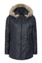 Navy blue leather hip-length coat with detachable fur hood and drawstring by LLD Original