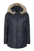 Navy blue leather hip-length coat with detachable fur hood and drawstring by LLD Original