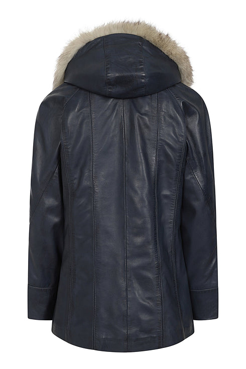 Navy blue leather hip-length coat with fur-trimmed detachable hood and drawstring by LLD Original