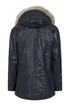 Navy blue leather hip-length coat with fur-trimmed detachable hood and drawstring by LLD Original