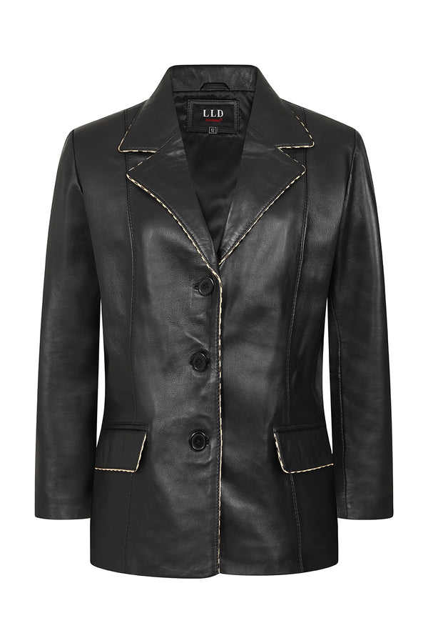 Black genuine nappa leather hip-length blazer jacket for women by LLD Original, available in multiple sizes.