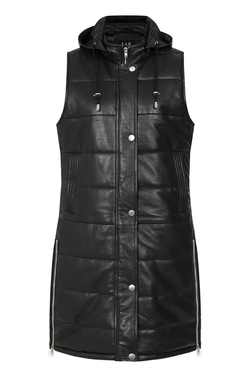 Black long leather quilted gilet with detachable hood, sizes 8-18 by LLD Original