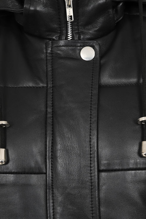 Black leather quilted gilet with detachable hood, available in sizes 8-18, by LLD Original