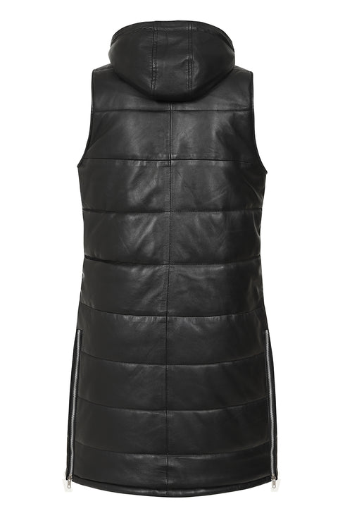 Black leather quilted gilet with detachable hood for women by LLD Original, available in sizes 10, 12, 14, 16, 18.