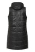 Black leather quilted gilet with detachable hood for women by LLD Original, available in sizes 10, 12, 14, 16, 18.