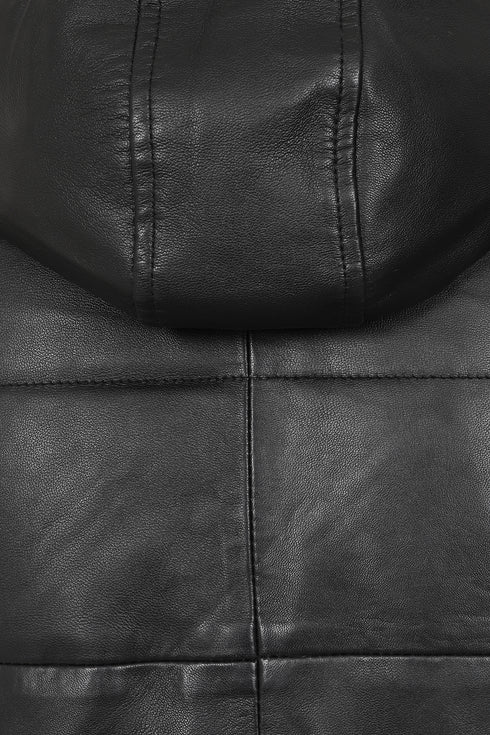 VALERIE - Women's Long Quilted Leather Gilet Detachable Hood - Black Nappa