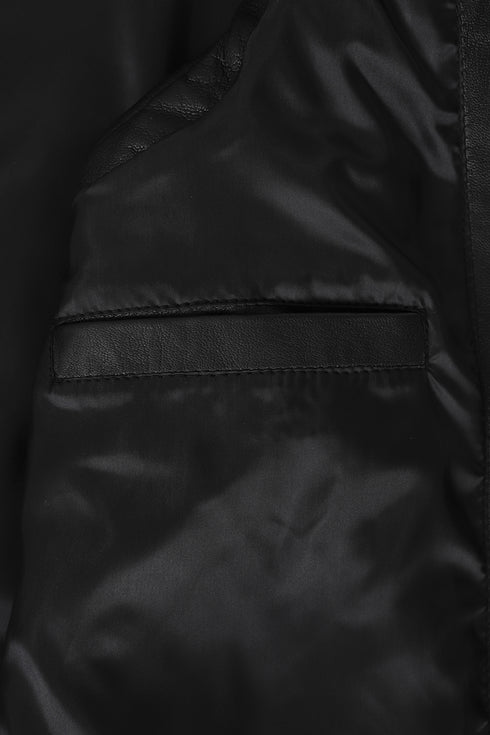 VALERIE - Women's Long Quilted Leather Gilet Detachable Hood - Black Nappa