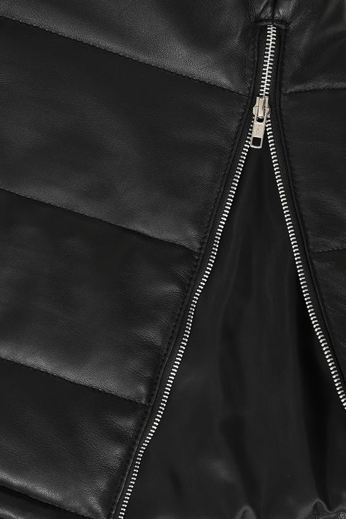 VALERIE - Women's Long Quilted Leather Gilet Detachable Hood - Black Nappa